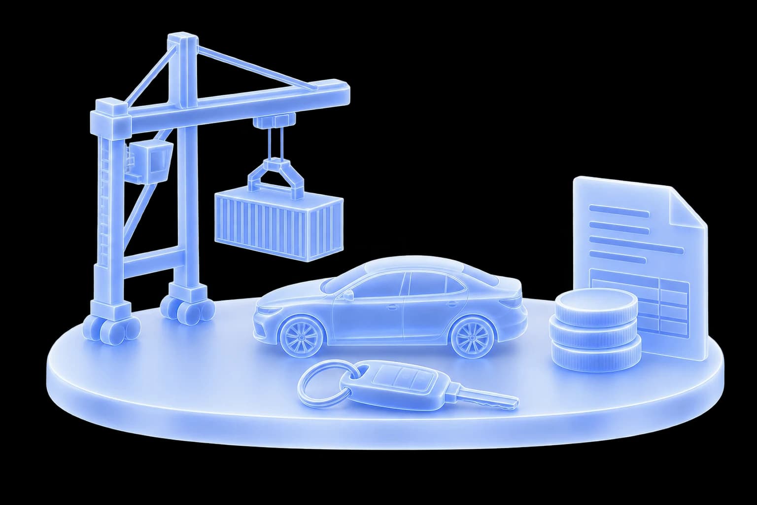 An illustration of a port crane lifting a shipping container beside a car, a key, a stack of coins and an invoice.